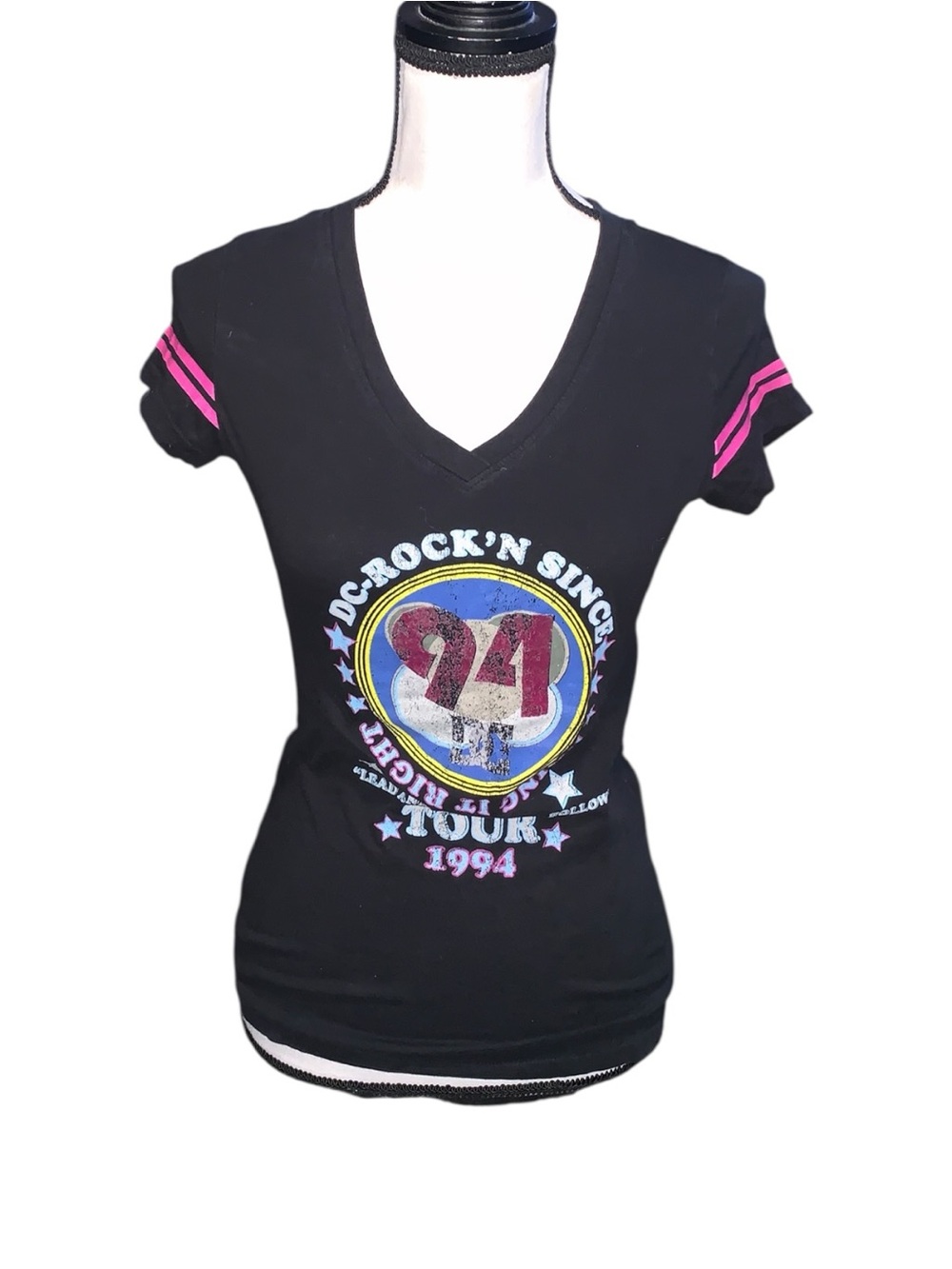 Vintage DC Shoes Black V-Neck Graphic Tee with Pink Sleeve Stripes 1994